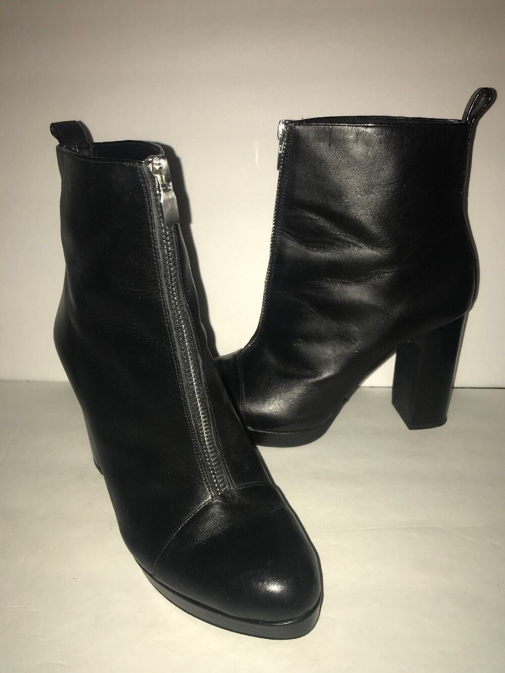 Zara Woman Black Leather High Ankle Boots Booties Front Zipper Size 39 Or 8.5 US